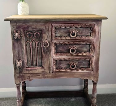 Gothic style cabinet painted by Absolutely Mintage using a layering technique