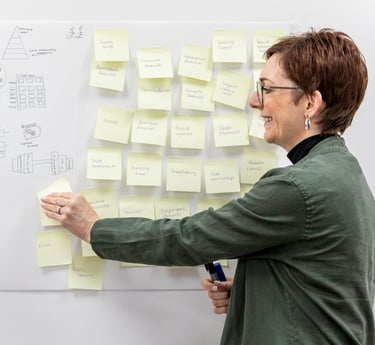 Kelly in front of a white board covered in post-it notes