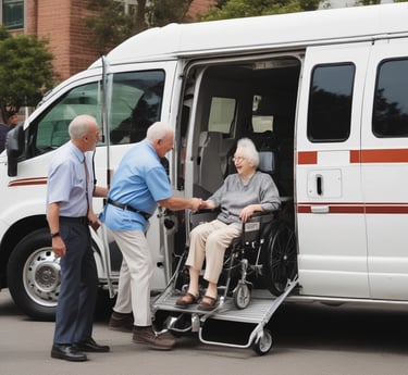 A professional driver assisting a senior passenger into a medical transport vehicle.