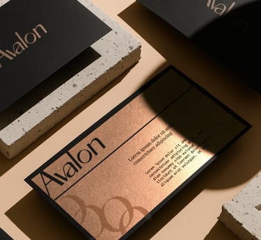 Luxury branding and business card design for Avalon. A premium visual identity project.