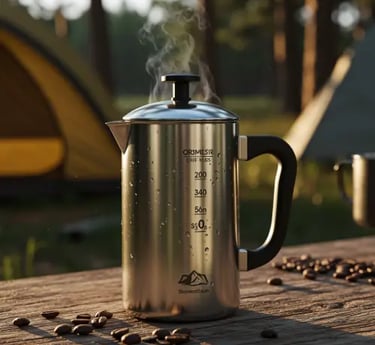Une cafetière à Piston Camping toute fumante sur la table.