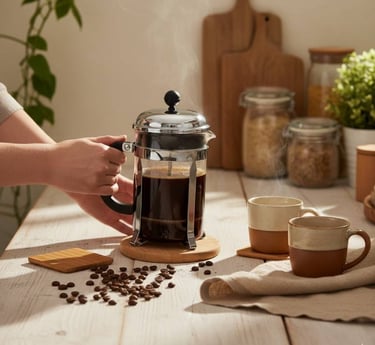 Jeune femme tenant une cafetière à piston 600 ml dans les mains