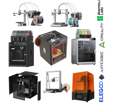 A close up of 3d printers we deals into. we have Bambulab, elegoo, Anycubic rangeof 3D printers