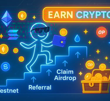 A glowing stick figure wearing sunglasses walks up a futuristic staircase labeled "Testnet," "Referr