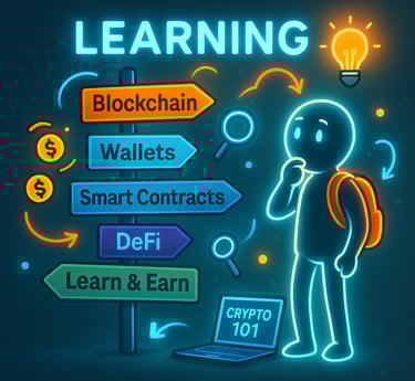A curious stick figure with a backpack stands next to a glowing signpost pointing to key crypto topi