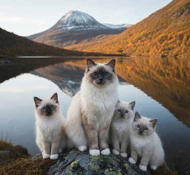 En vakker Hellig Birma katt med sine søte kattunger i vakker natur på fjellet