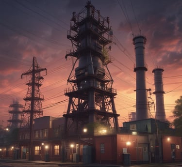 A panoramic view of a sprawling industrial power plant at dusk, illuminated with energy orange lights against a deep navy sky.