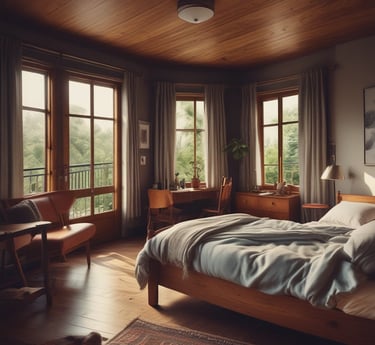 die Sonne scheint hell durch die Bäume in ein Zimmer