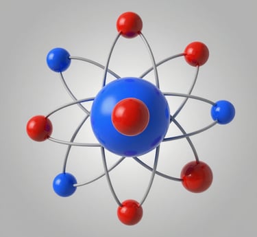 3D model of an atom with red and blue electrons orbiting a central nucleus.