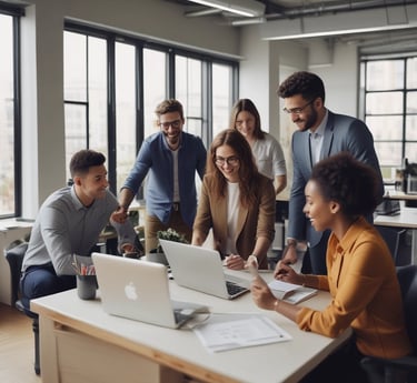 A diverse group of professionals collaborating in a modern office space.