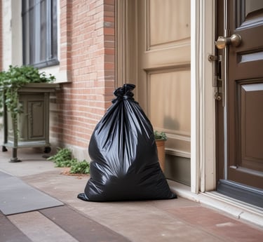 A friendly valet worker collecting trash bags from apartment doors.