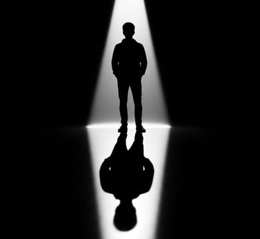 a man standing in front of a light that is shining down as a spotlight