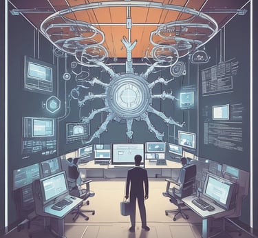 A digital rendering of an electronic circuit board, with a central black chip featuring the text 'CHAT GPT' and 'Open AI' in gradient colors. The background consists of a pattern of interconnected triangular plates, illuminated with a blue and purple glow, adding a futuristic feel.