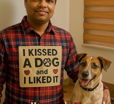 a man sitting on a chair with a dog