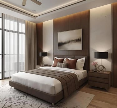 projeto de arquitetura de dormitório suíte com tons amadeirados e cama.