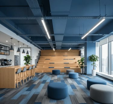 Area de descompressao de empresa com carpete azul e cinza teto azul móveis amadeirados e puffs azuis com bancada e banquetas