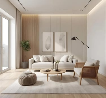 sala de estar com quadros sofa claro painel ripado e planta