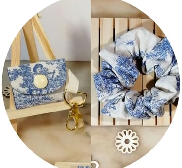 chouchou et porte-jeton en toile de Jouy