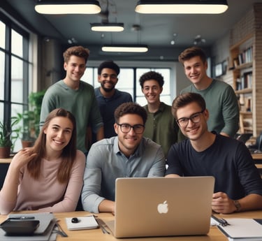 a group of people standing around a display of video screens