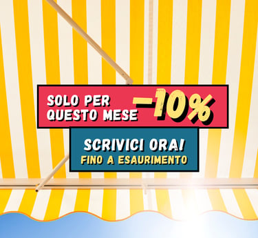 Grafica promozionale con scritta “Solo per questo mese -10%” su sfondo a righe gialle e bianche.