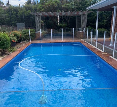 Clean swimming pool with regular maintenance.   salt chlorinator , pool pump and filter.e