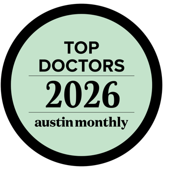Austin Monthly Top Doctors 2026 award badge in a green and black circle.