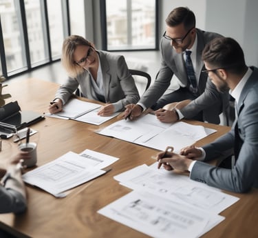 A diverse team collaborating over process charts and data analytics in a bright, modern office.