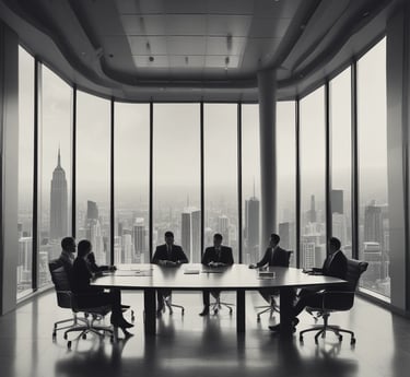 Team members collaborating around a table with marketing plans and laptops.