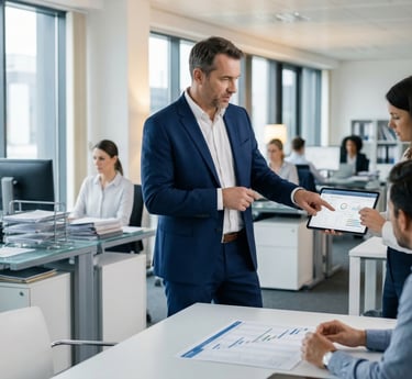 Professional business team analyzing financial data on a digital tablet in a modern open-plan office.