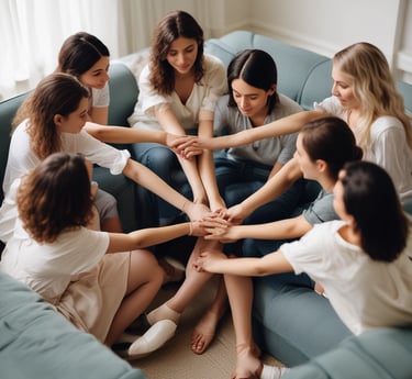 A warm, sunlit living room with people sharing a meal and laughter in a cozy sober living house.