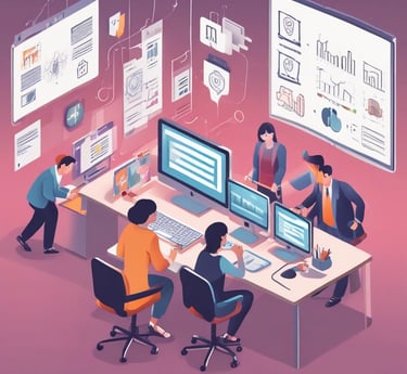 A lively, modern office scene with a diverse team collaborating over colorful marketing designs on screens and printouts.