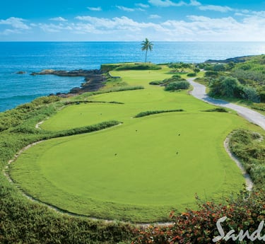 Luxury oceanfront golf course at Sandals resort with green fairways overlooking the blue Caribbean sea.