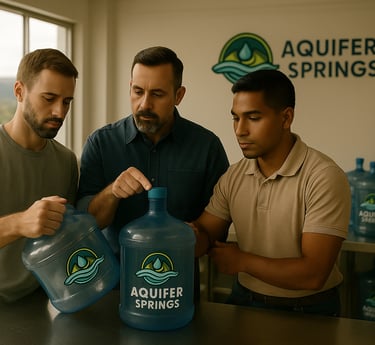 Three workers inspecting Aquifer Springs water jugs inside a clean, well-lit bottling facility