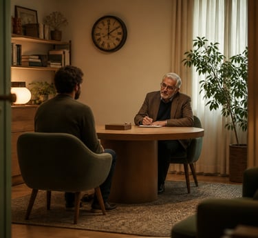 Une photo d'une séance de psychanalyse autour d'un bureau.