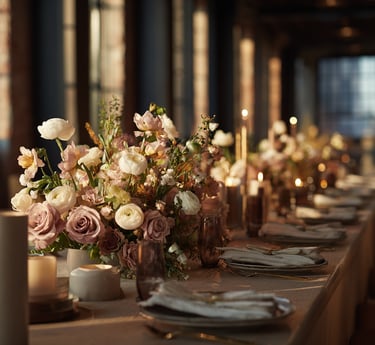 Elegant wedding table setting with dusty rose floral centerpieces and lit candles in a rustic venue.