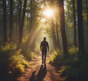 A warm, inviting illustration of a calm figure thoughtfully considering different paths, set against a soothing teal and deep navy palette.