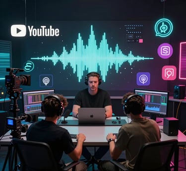 A vibrant studio scene with a musician composing beats on a laptop surrounded by instruments and sound equipment.