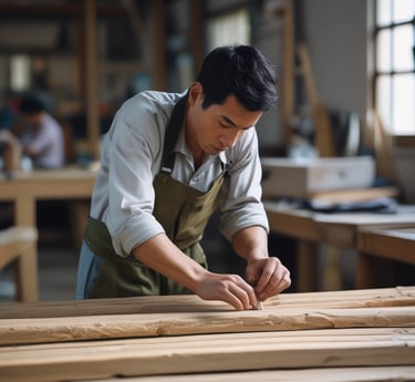 A skilled artisan hand-selecting natural wood materials in a vibrant Vietnamese workshop.