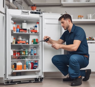 Technician repairing a washing machine in a cozy home kitchen.