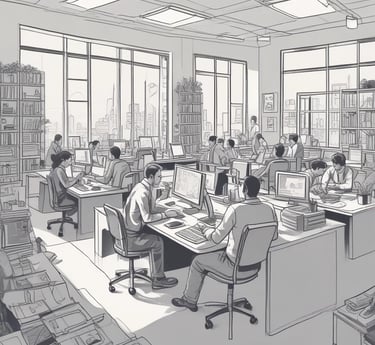 Team collaborating around a table with charts and laptops, discussing project progress.