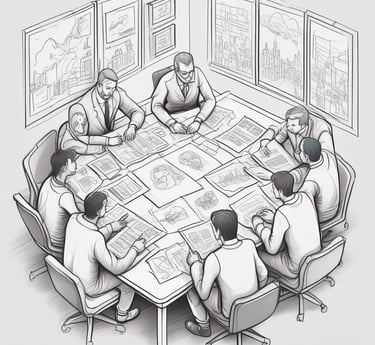 Team collaborating around a table with charts and laptops, discussing project progress.