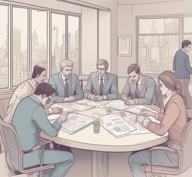 Team collaborating around a table with charts and laptops, discussing project progress.