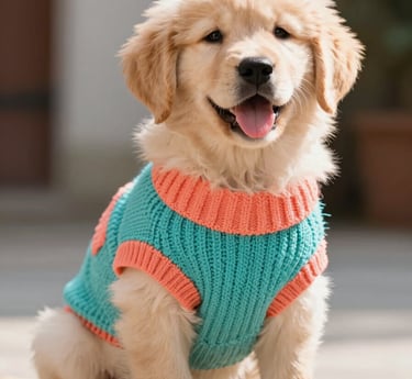 Adorable cachorro de Golden Retriever con un suéter de perro de punto verde azulado y naranja 