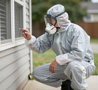 A friendly technician in green and blue uniform inspecting a home exterior for pests.