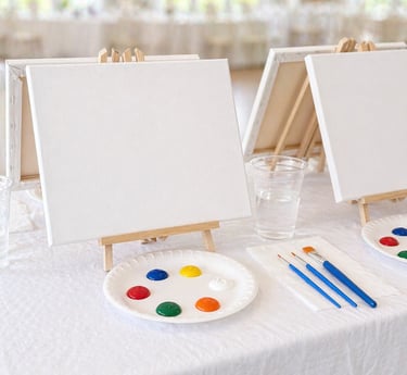 Paint party set up with canvases, paint brushes, paint, and water cups