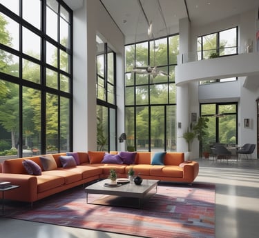 A sleek, modern living room freshly painted in vibrant colors with clean lines and stylish decor.