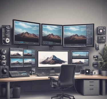 A vibrant team of video editors collaborating in a modern workspace.