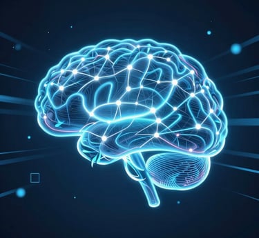 Close-up of a digital brain with interconnected neurons glowing in a cosmic space setting.