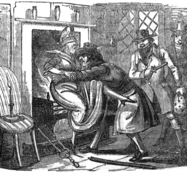 Vintage woodcut illustration of Dick Turpin abducting a woman by a fireplace.