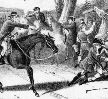 Vintage illustration of a 18th-century highwayman Dick Turpin  pointing a pistol at Tom King